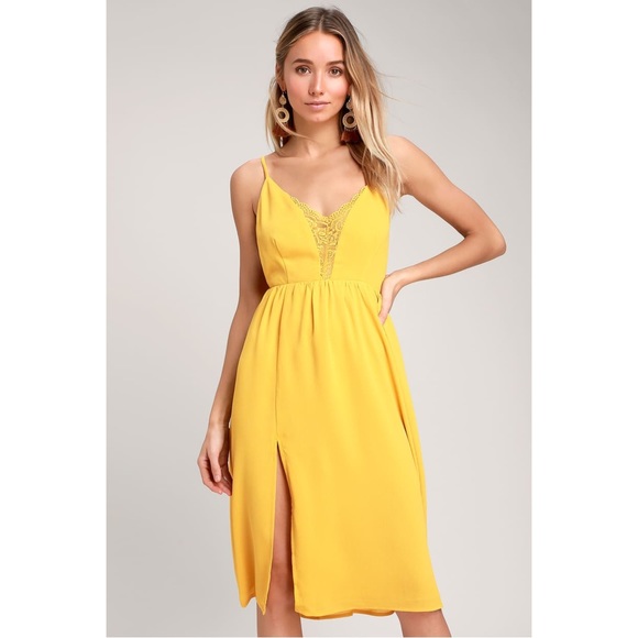 Lulu's Dresses Lulus Melena Mustard Yellow Lace Backless Midi Dress